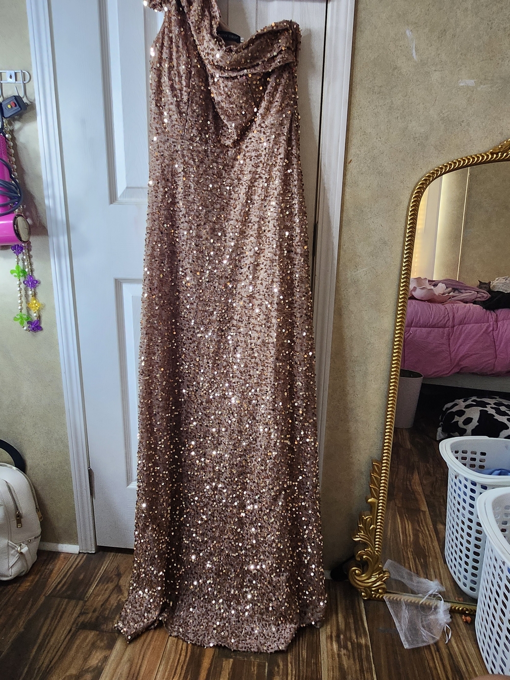 Strapless Rose Gold Sequin Gown